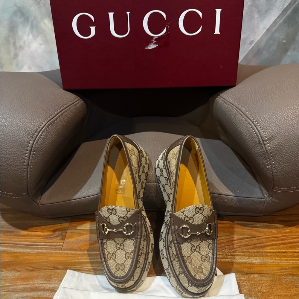GUCCI Womens Ilde GG Supreme Canvas & Leather Flatform Loafers -Worn 1x 37.5/7.5 - Picture 12 of 16